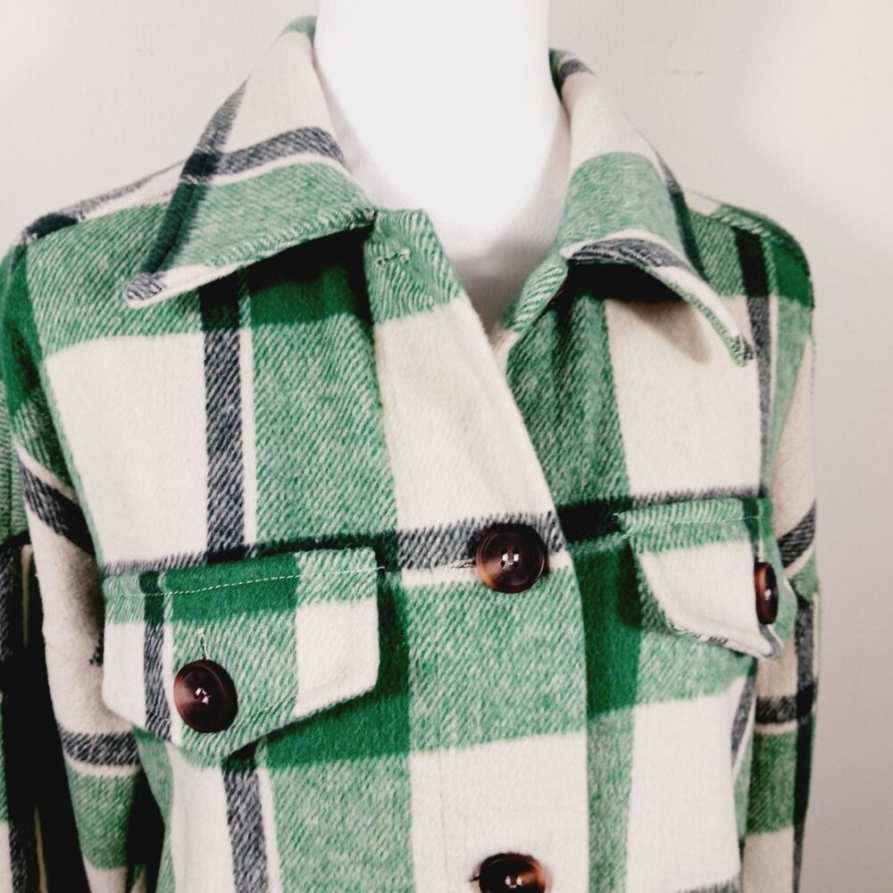 STACCATO Green & Cream Plaid Shacket, Relaxed Fit, Button Up, Jacket, Size Small - Picture 6 of 16